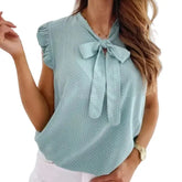 Ruffle Sleeveless Polka Dot Bow Detail Blouse